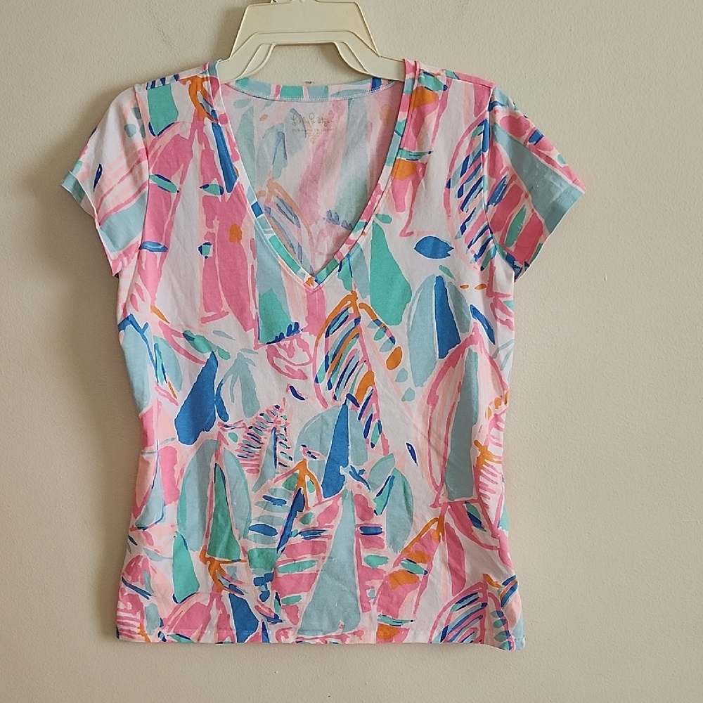 Lilly Pulitzer Pink Blue Fitted Short Sleeve Tee Sailboats Coastal Nautical Med